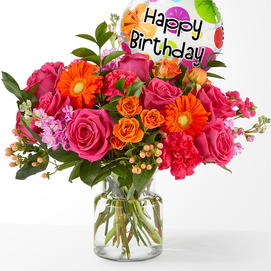 Fiesta Bouquet with Birthday Balloon – Guilles Flower Shop And Catering, San Jose CA