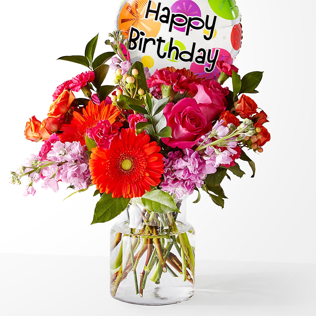Fiesta Bouquet with Birthday Balloon – Guilles Flower Shop And Catering, San Jose CA