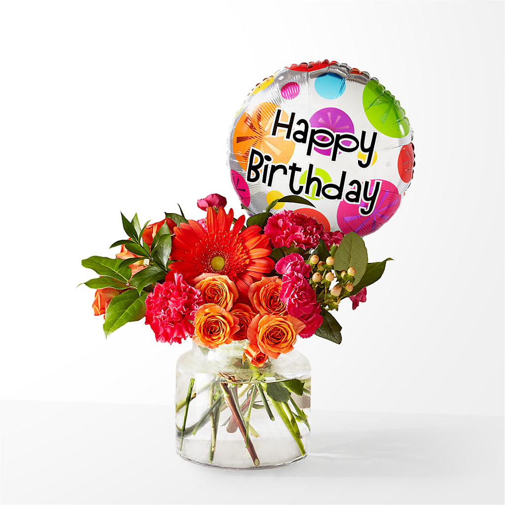 Fiesta Bouquet with Birthday Balloon – Guilles Flower Shop And Catering, San Jose CA