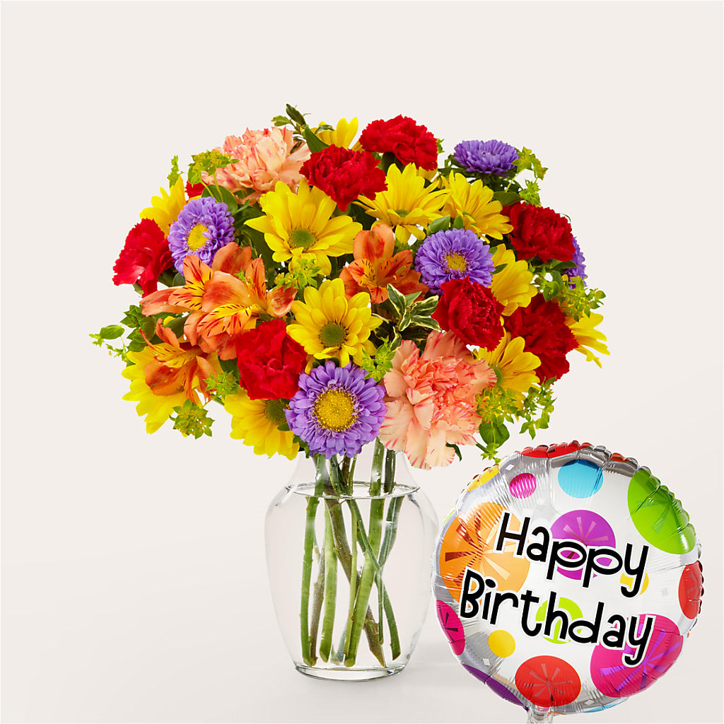 Kaleidoscope Bouquet with Birthday Balloon – Guilles Flower Shop And Catering, San Jose CA
