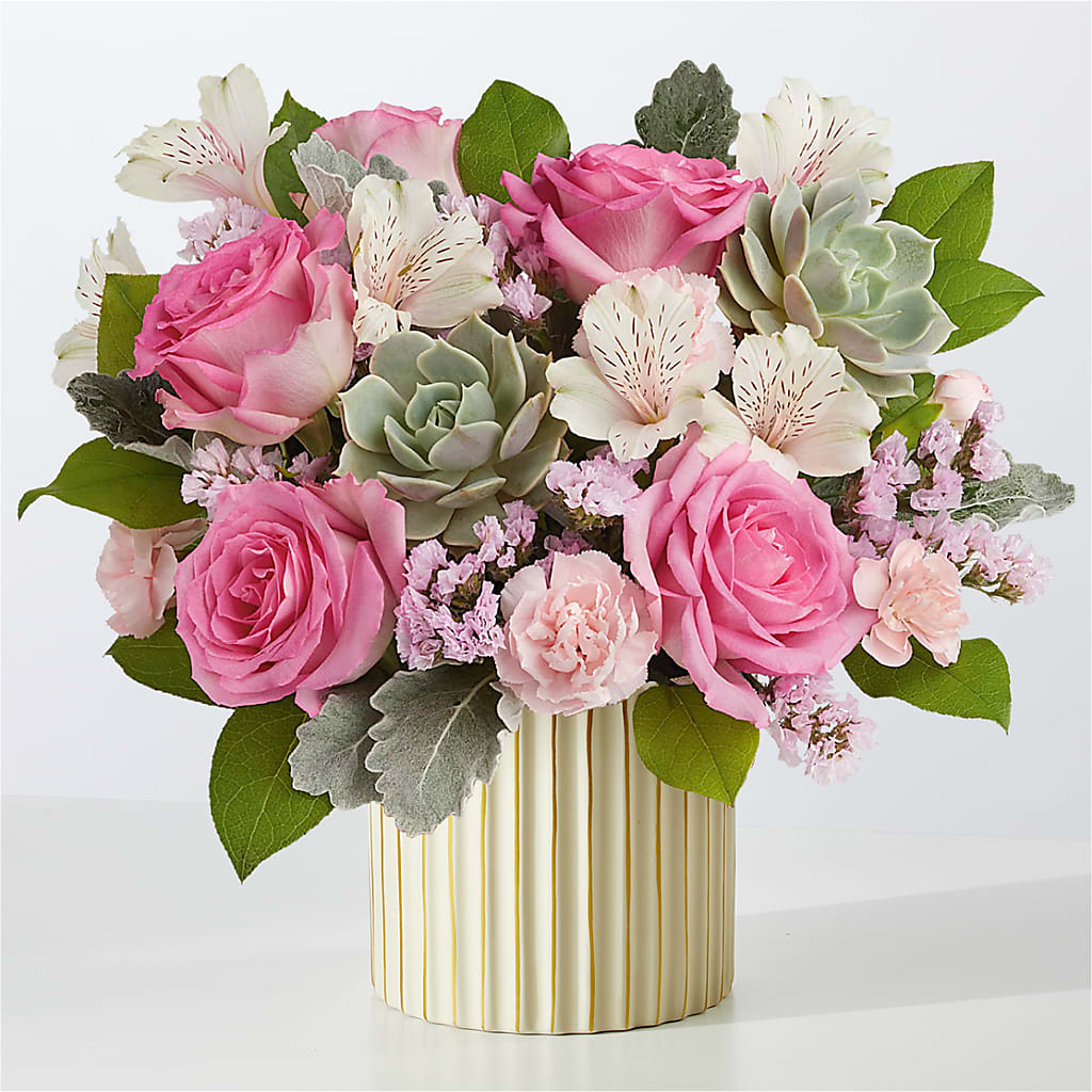 Dusty Rose Bouquet with Ivory Vase – Guilles Flower Shop And Catering, San Jose CA