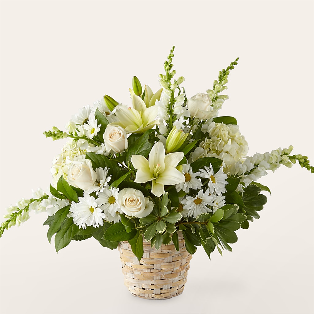 Ivory Elegance Floral Basket – Guilles Flower Shop And Catering, San Jose CA