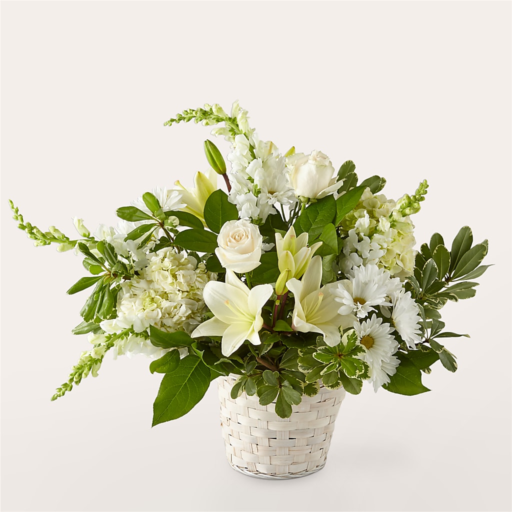 Ivory Elegance Floral Basket – Guilles Flower Shop And Catering, San Jose CA