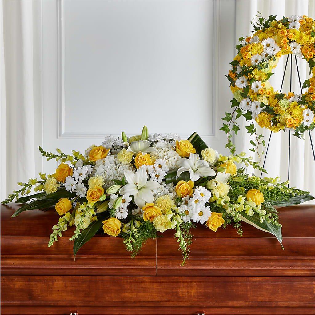 Golden Harmony Casket Spray – Guilles Flower Shop And Catering, San Jose CA