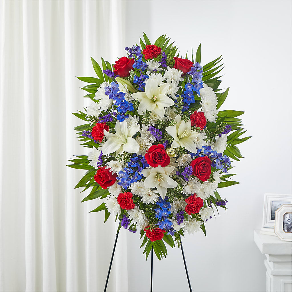 Cherished Service Standing Spray – Guilles Flower Shop And Catering, San Jose CA