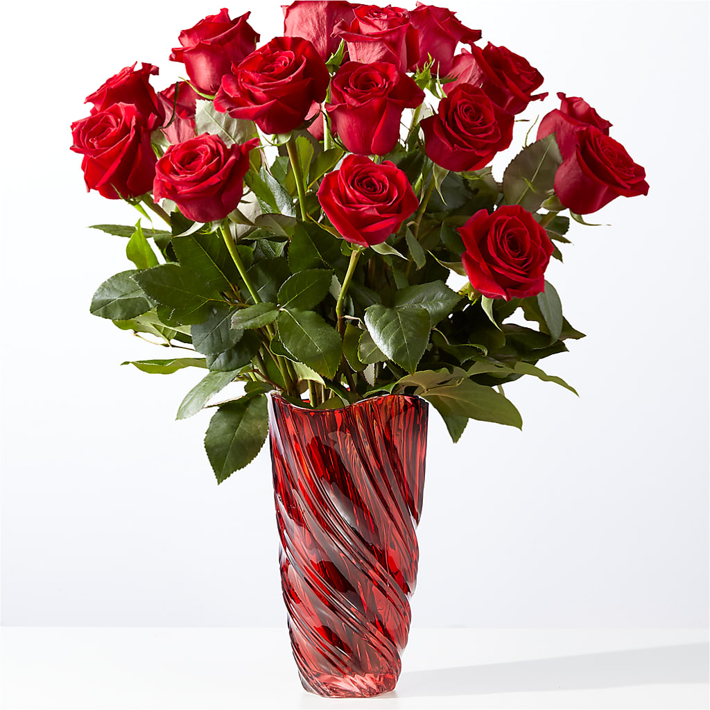 Classic Love Red Rose Bouquet with Luxe Swirl Vase – Guilles Flower Shop And Catering, San Jose CA