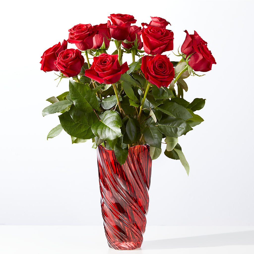 Classic Love Red Rose Bouquet with Luxe Swirl Vase – Guilles Flower Shop And Catering, San Jose CA