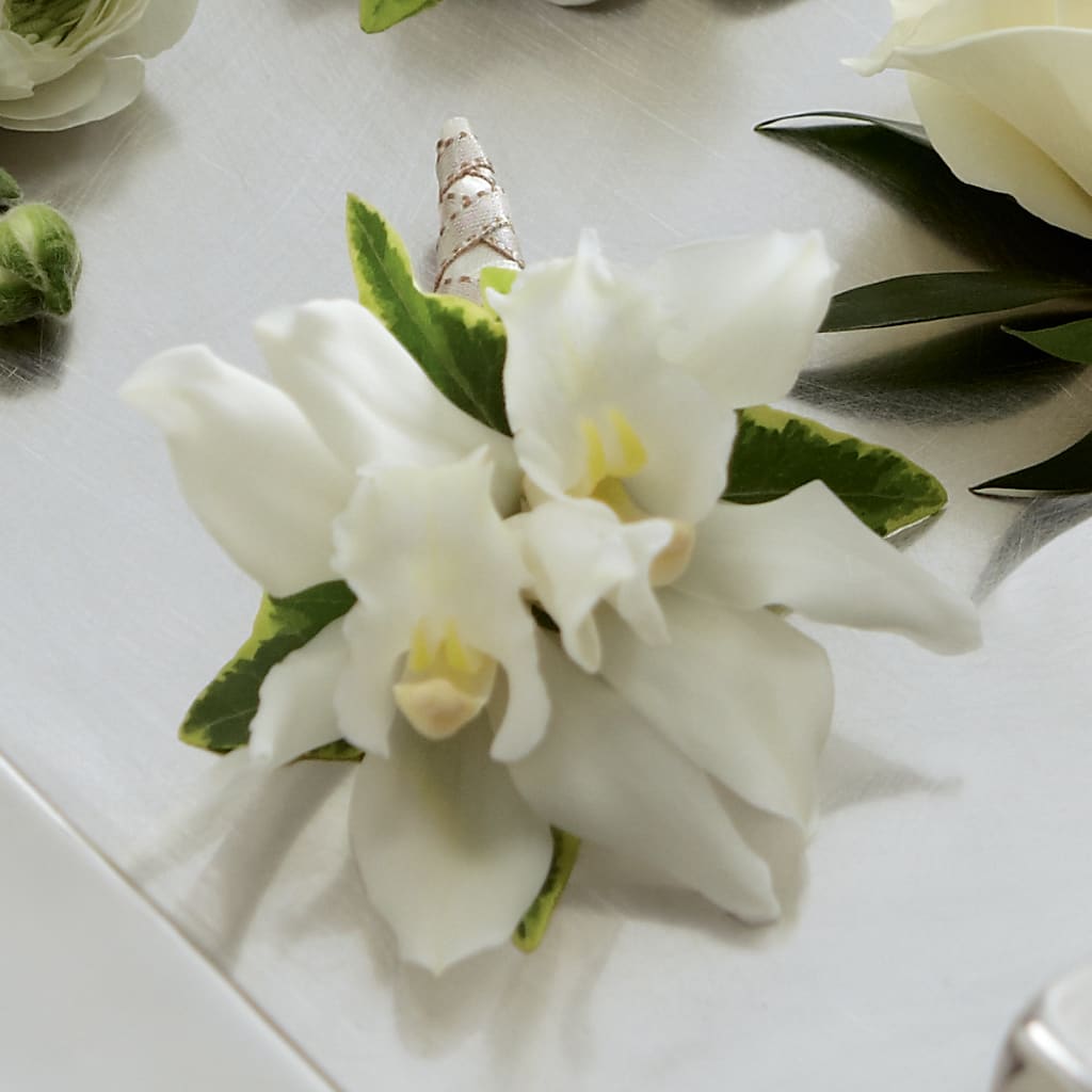 White Mini Cymbidium Boutonniere – Guilles Flower Shop And Catering, San Jose CA